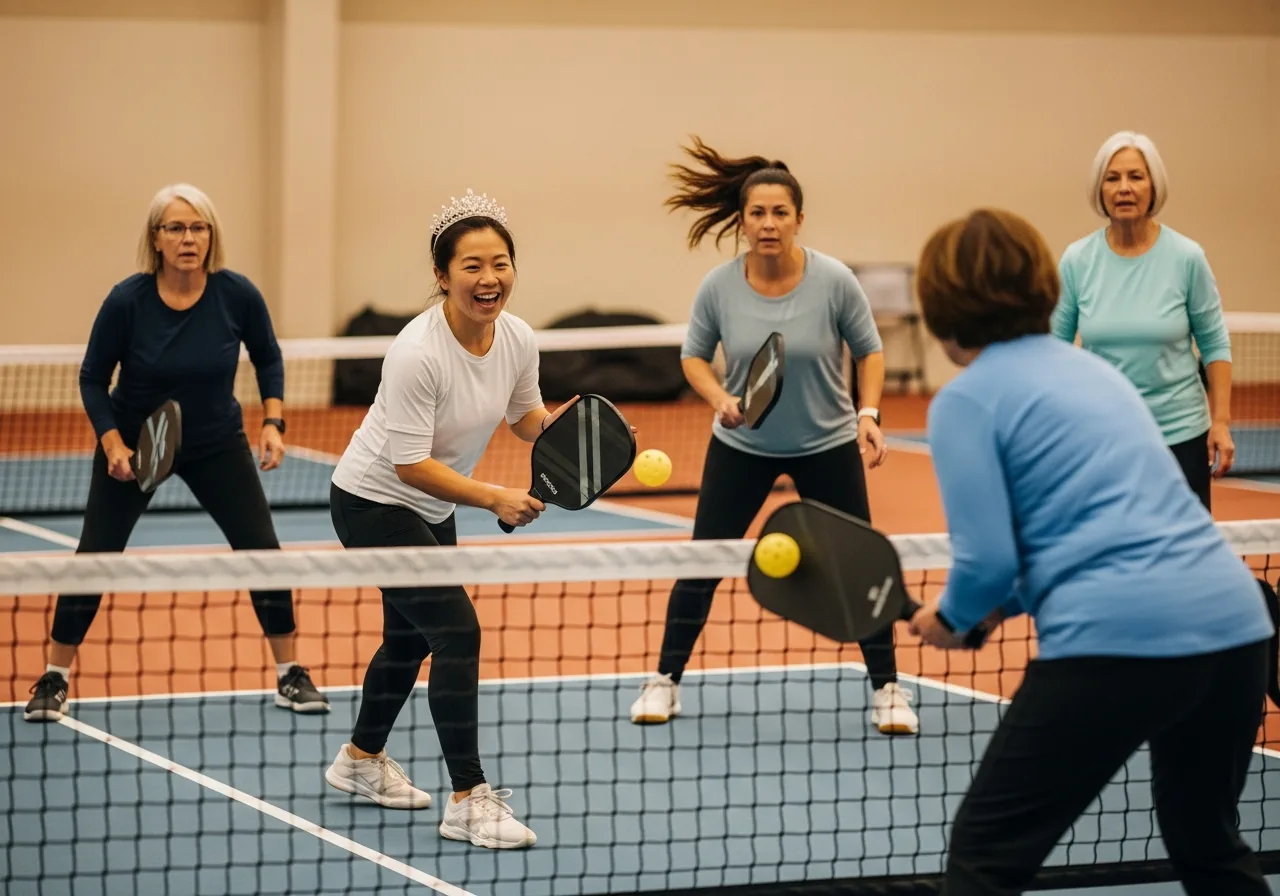 Women playing doubles pickleball indoors, one wearing a gold winner's crown