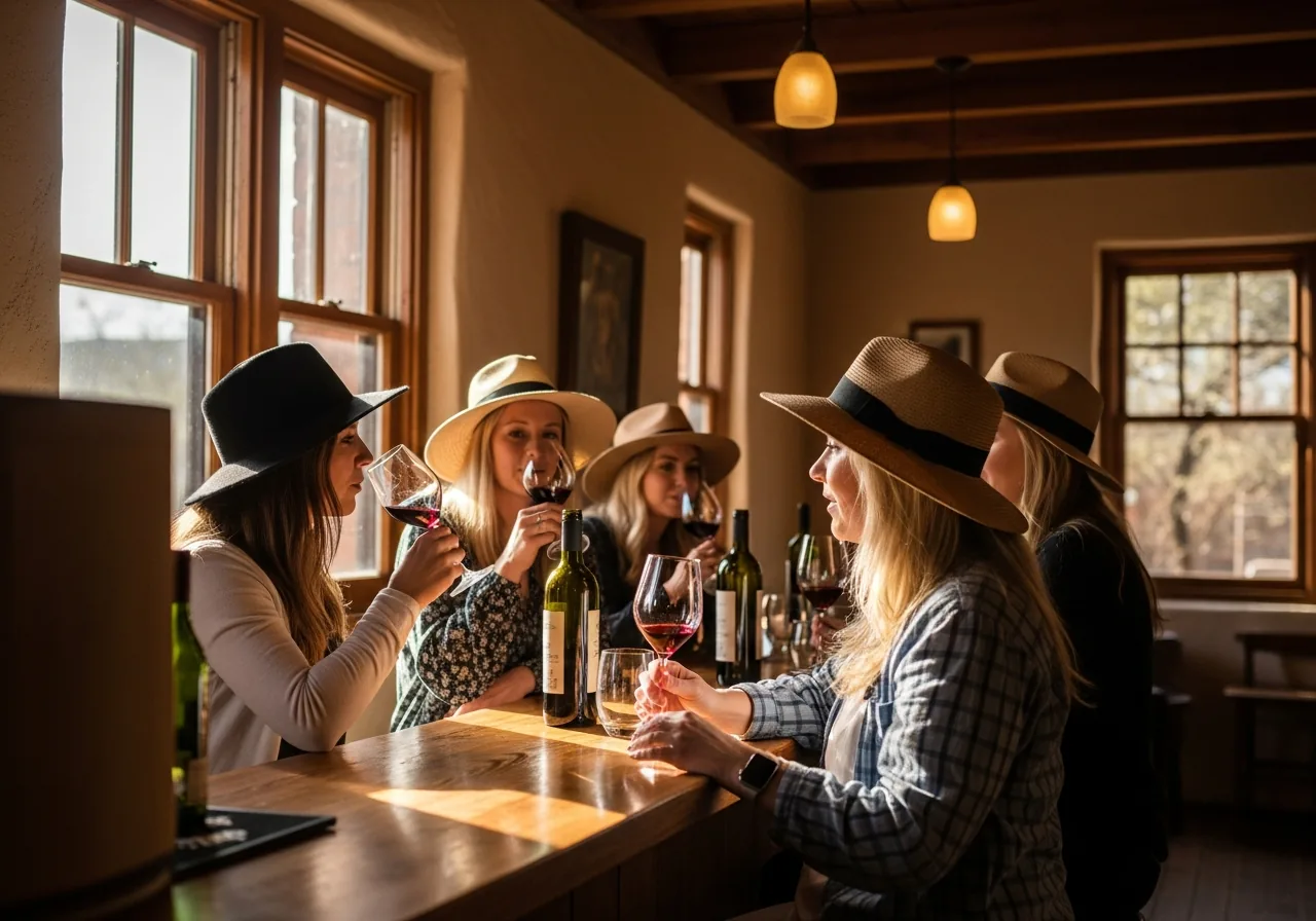 Friends tasting wine at a bar inside a small-town Arizona tasting room