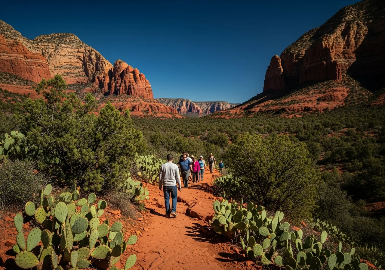 A canyon trail winding through juniper below Sedona red rocks