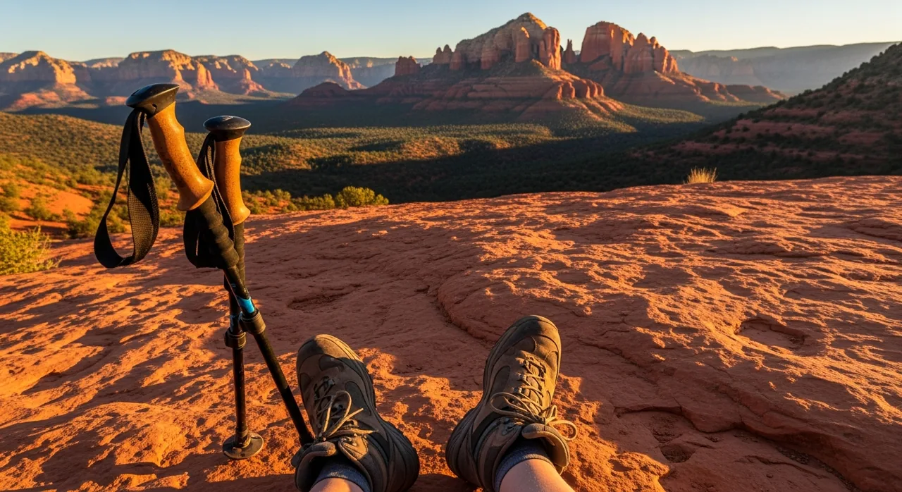 Hiking boots and poles on red slickrock above a Sedona vista