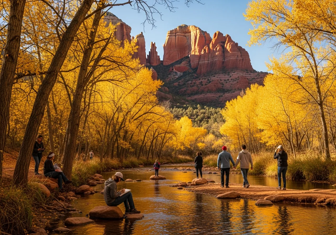 Golden autumn cottonwoods along a creek below Sedona red rocks