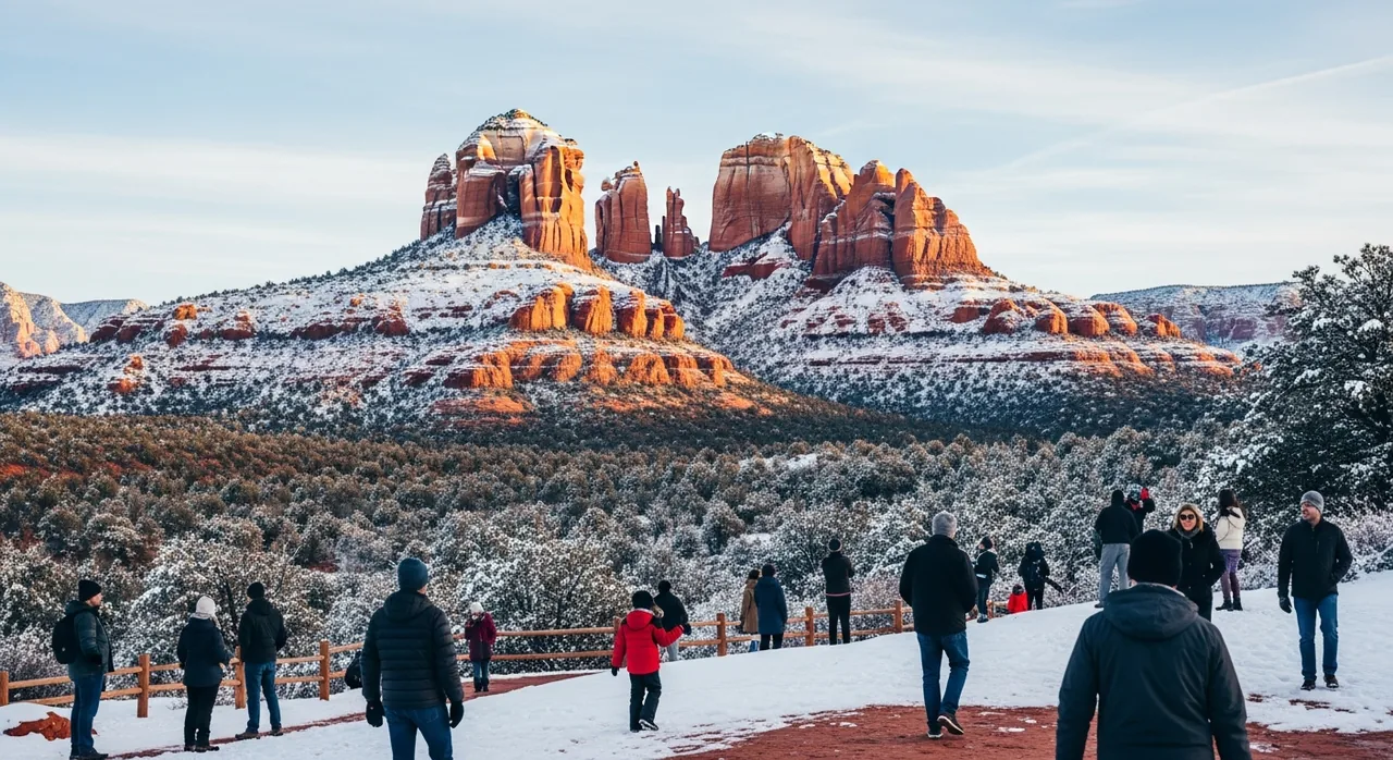 Light snow on Sedona red-rock spires in winter
