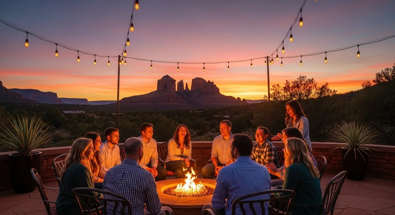 Colleagues around a firepit at dusk on a desert patio