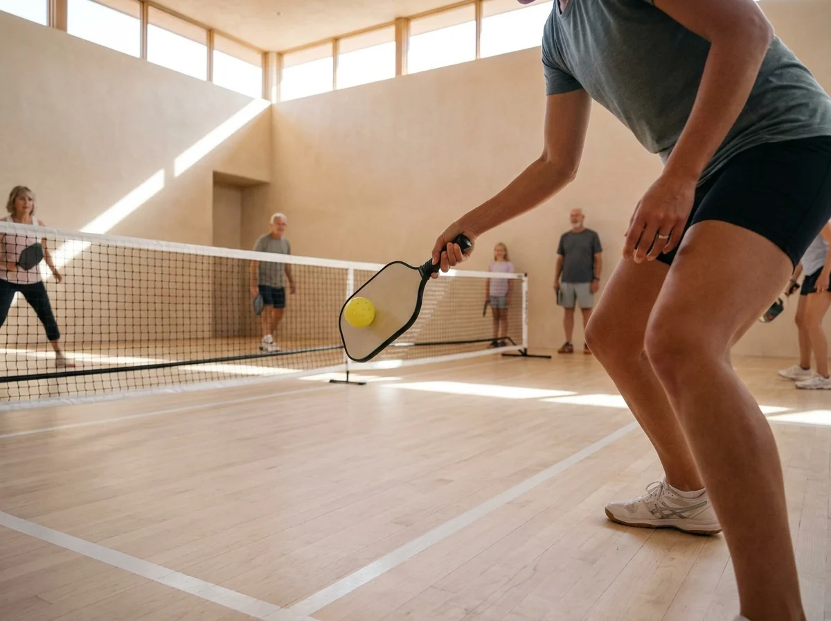 A player pushing a soft dink low over the net