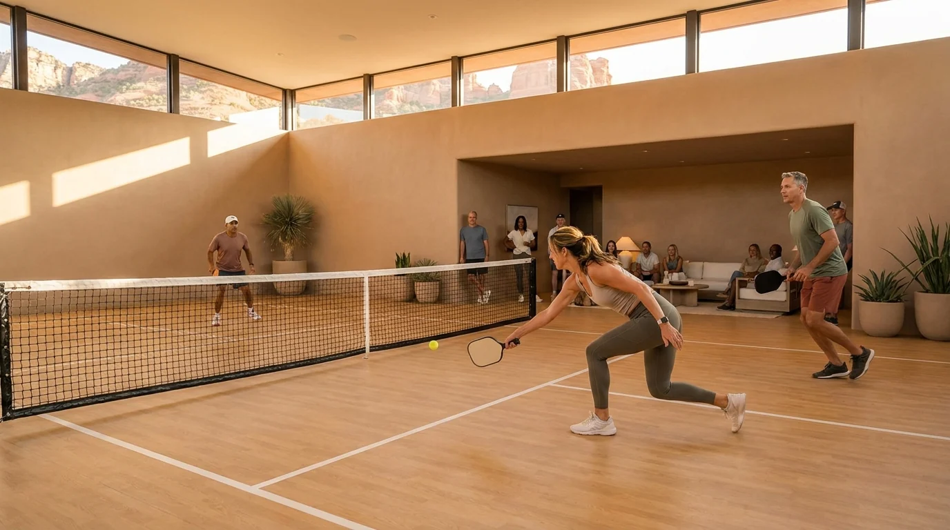 A player hitting a cross-court dink at the kitchen line