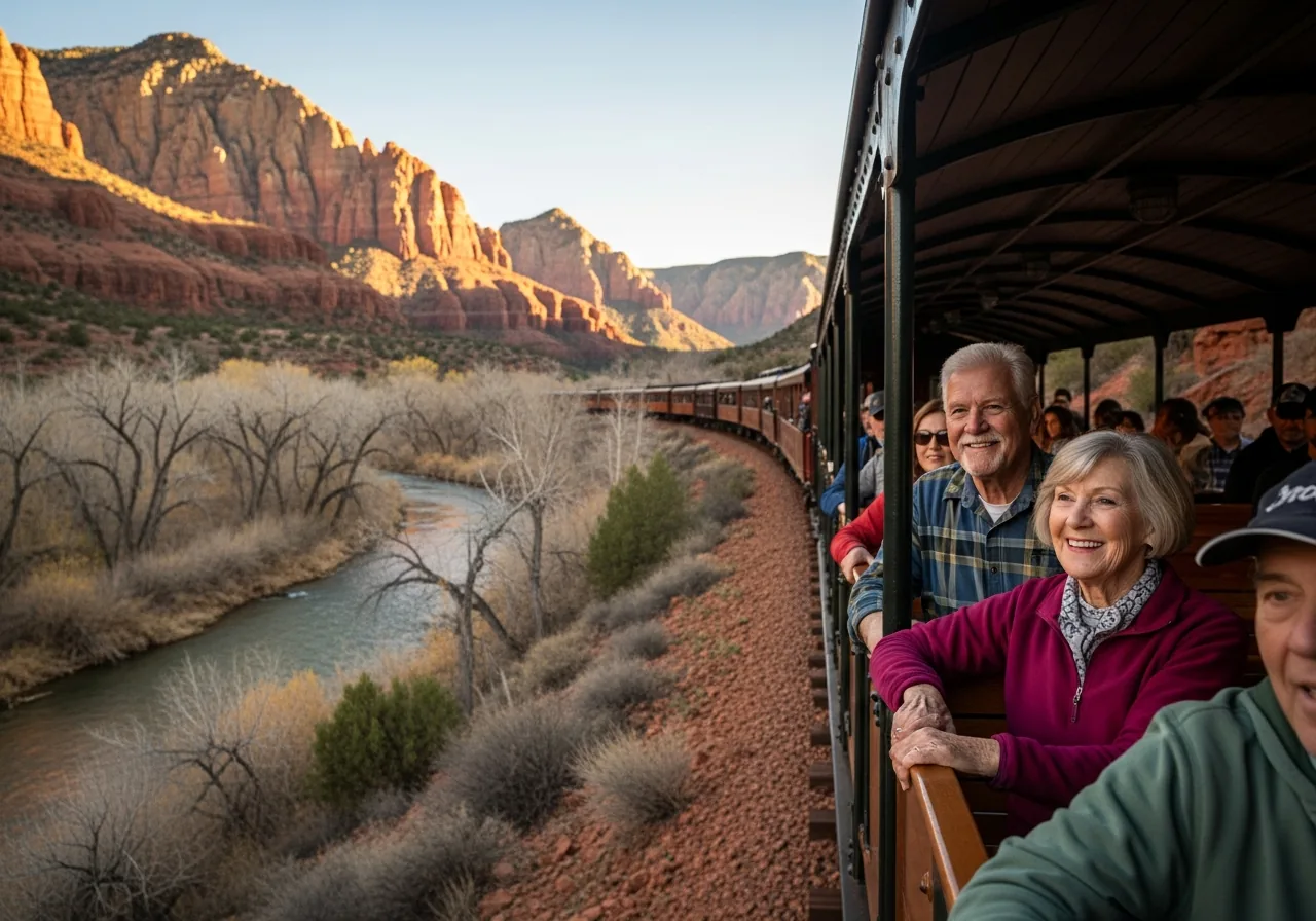 An older couple enjoying the view from a scenic train's open-air car in a desert river canyon