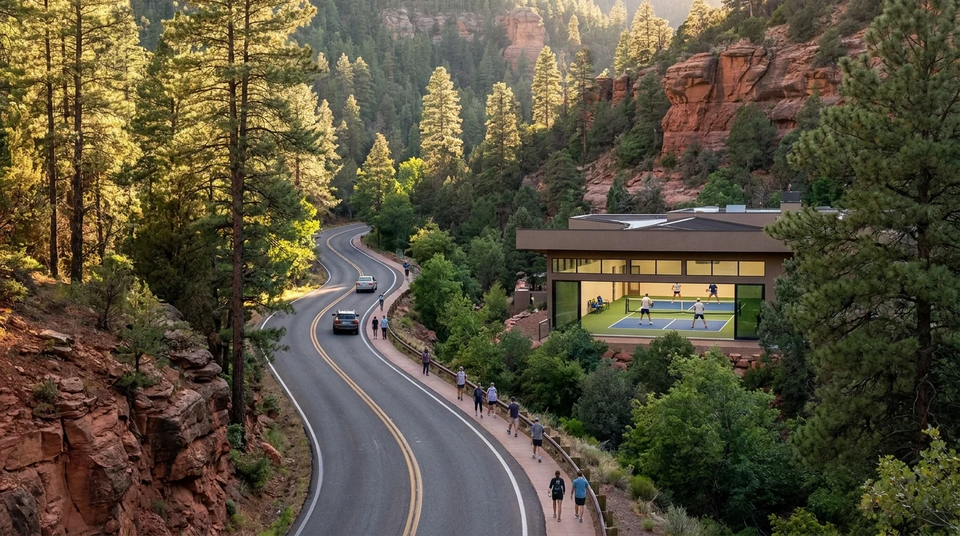The winding road through a forested Arizona canyon