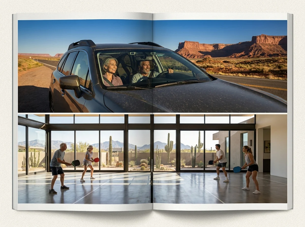 A rental car on a high-desert highway toward Sedona