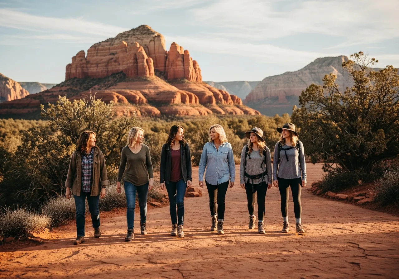 A group of women walking together on a flat red-rock trail in Sedona