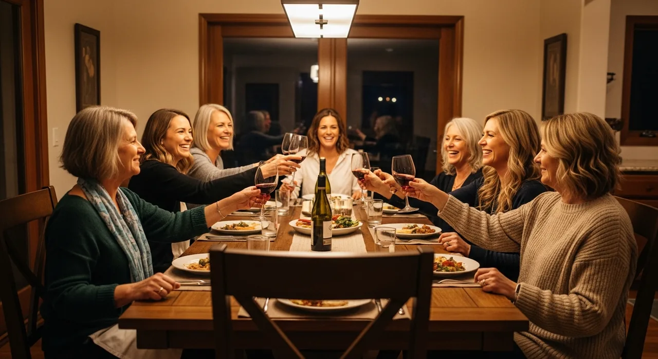 A group of women sharing a long dinner around one table in a vacation home