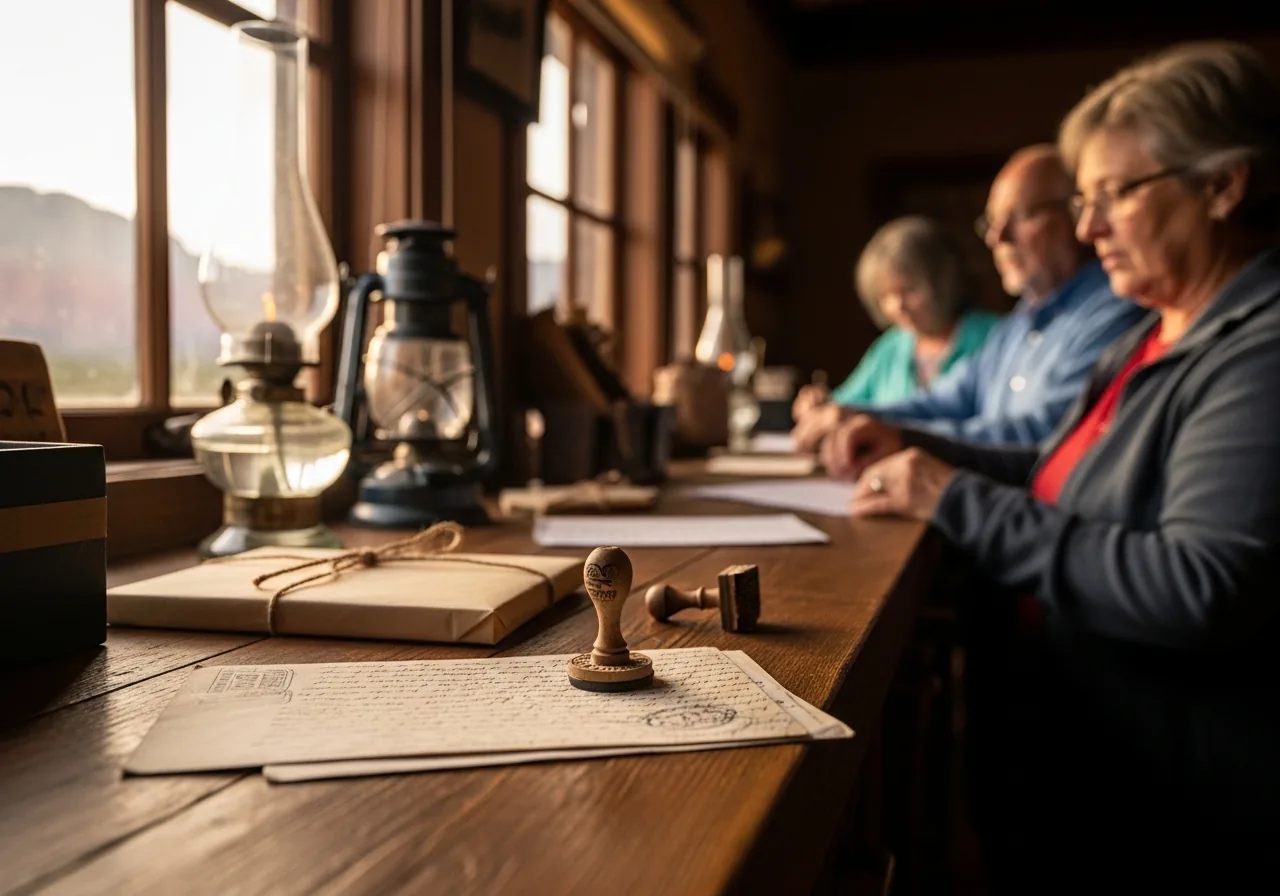Vintage letter and cancellation stamp on a wooden post office counter in warm light