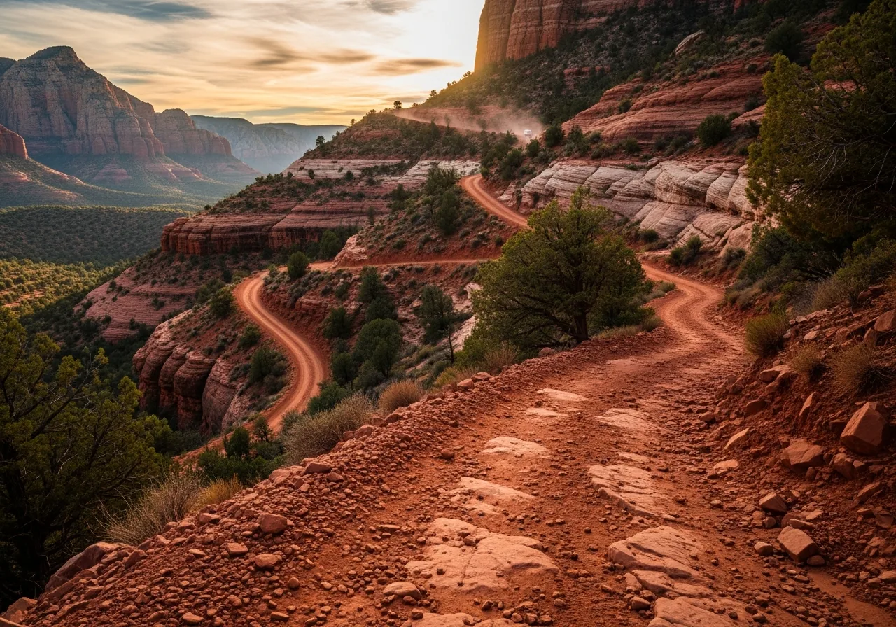 Rough red-dirt road climbing a red rock canyon wall in late afternoon light