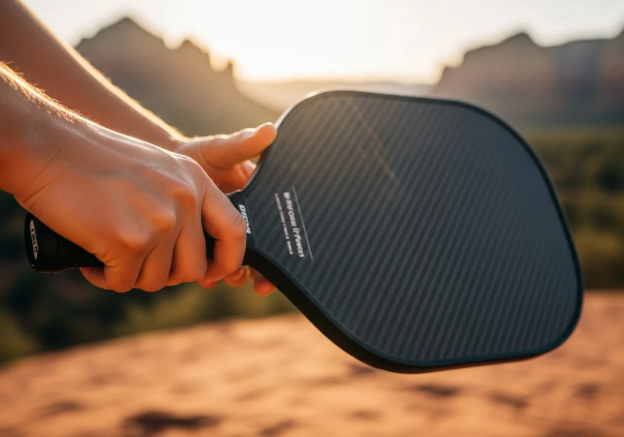A hand gripping a carbon-faced pickleball paddle