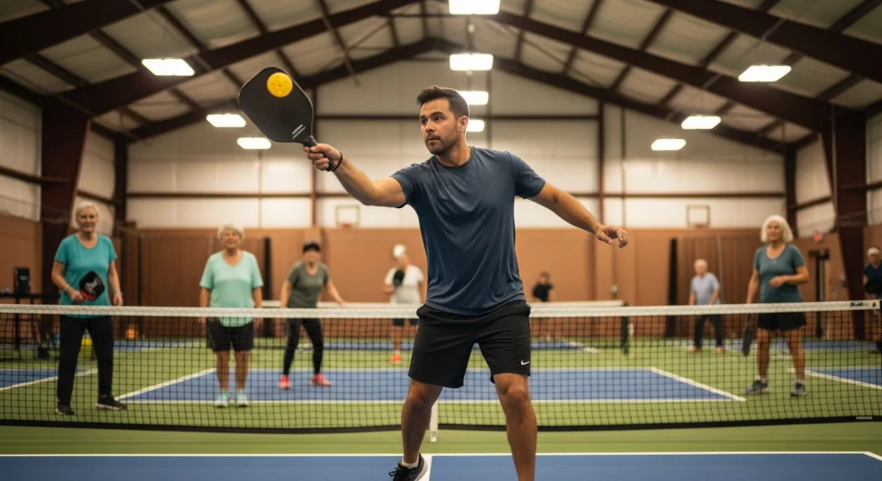 A player mid-swing on a bright indoor pickleball court
