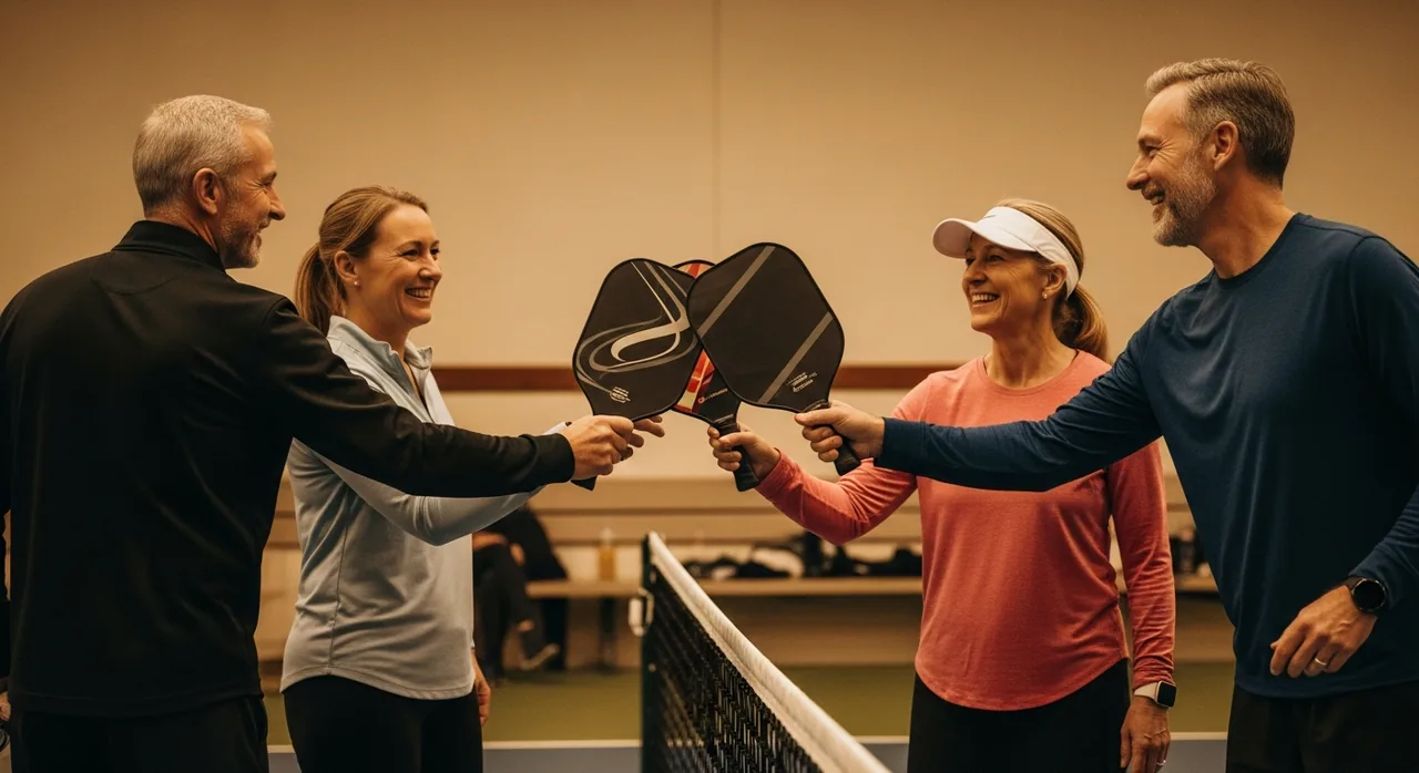 Players tapping paddles at the net after a game