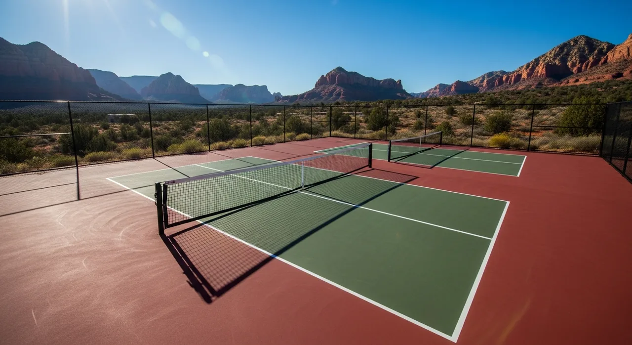 An empty outdoor desert pickleball court under harsh midday sun