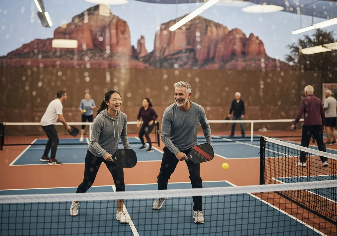 A couple playing indoors while rain falls outside the window