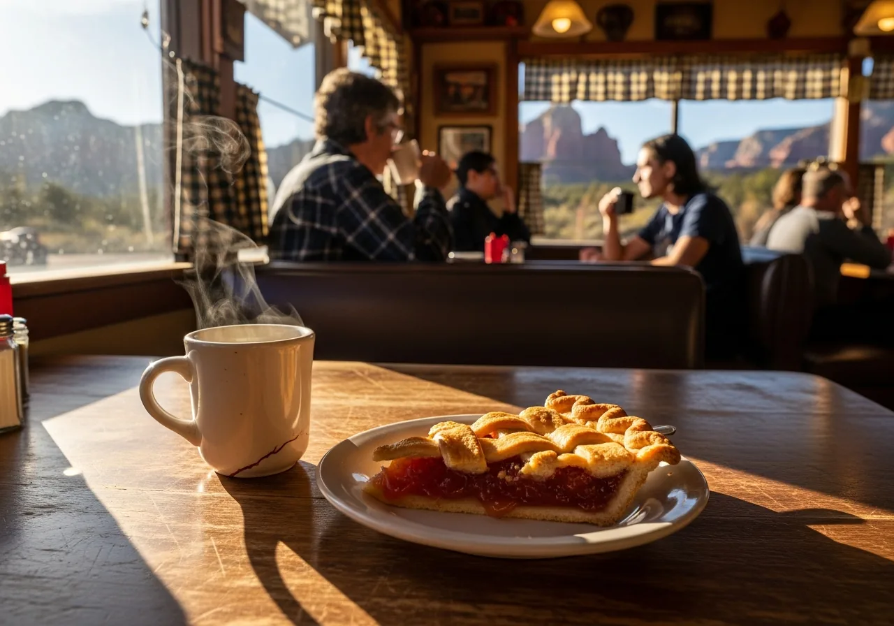 Slice of fruit pie and a cup of coffee on a wooden diner table by a window