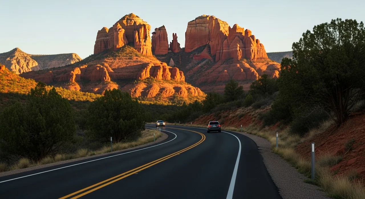 Two-lane highway curving toward red rock buttes in late afternoon light