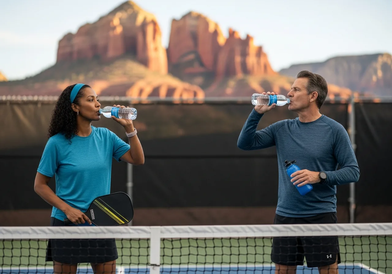 Two pickleball players resting at the net and drinking water between games