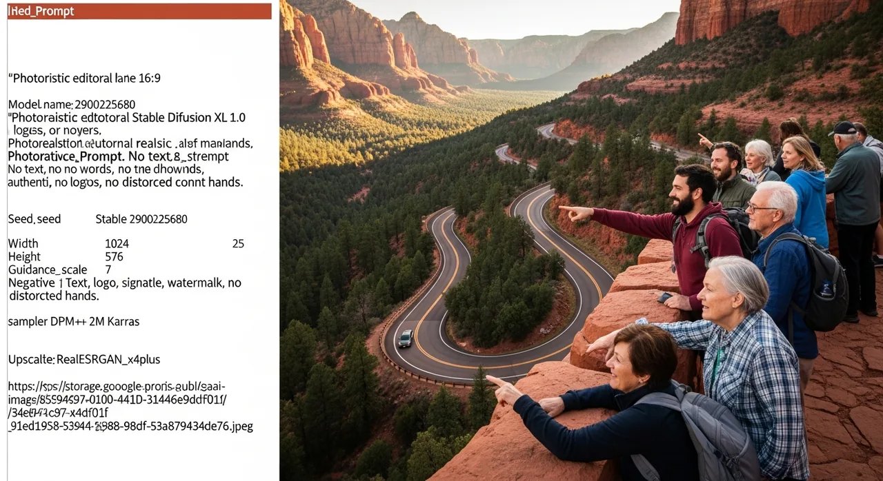 A two-lane highway winding down through a pine-forested canyon toward red rock country