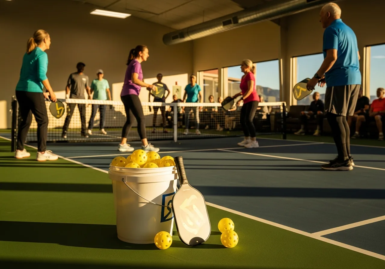 A bucket of pickleballs at the baseline of an indoor court