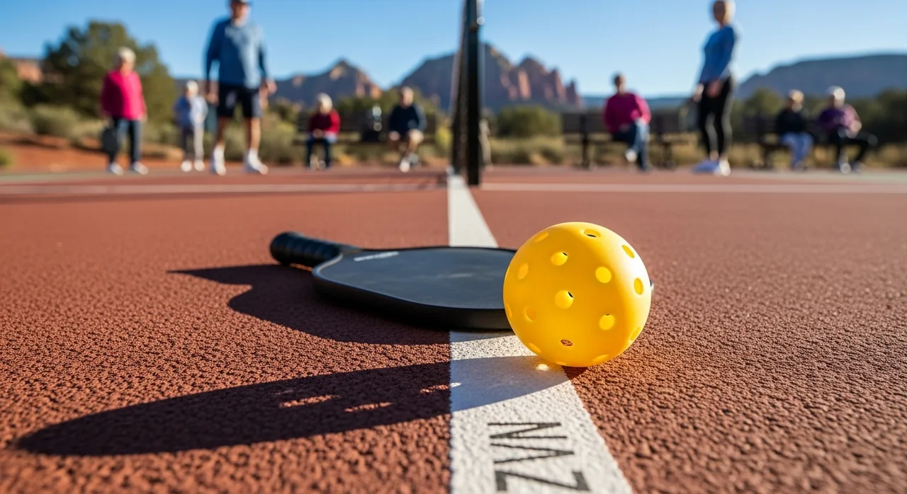 A pickleball and paddle on the non-volley-zone line