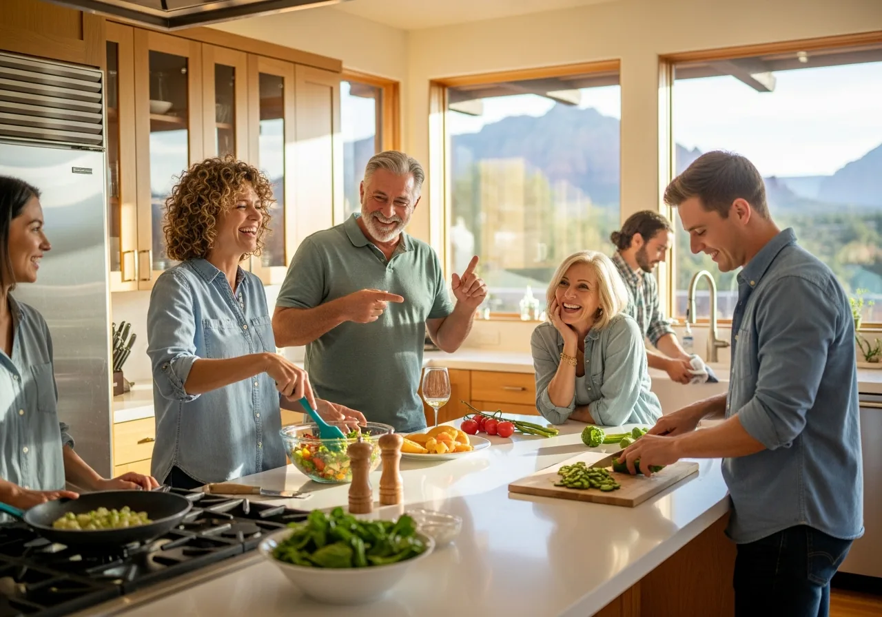 Friends cooking together in a bright vacation-home kitchen
