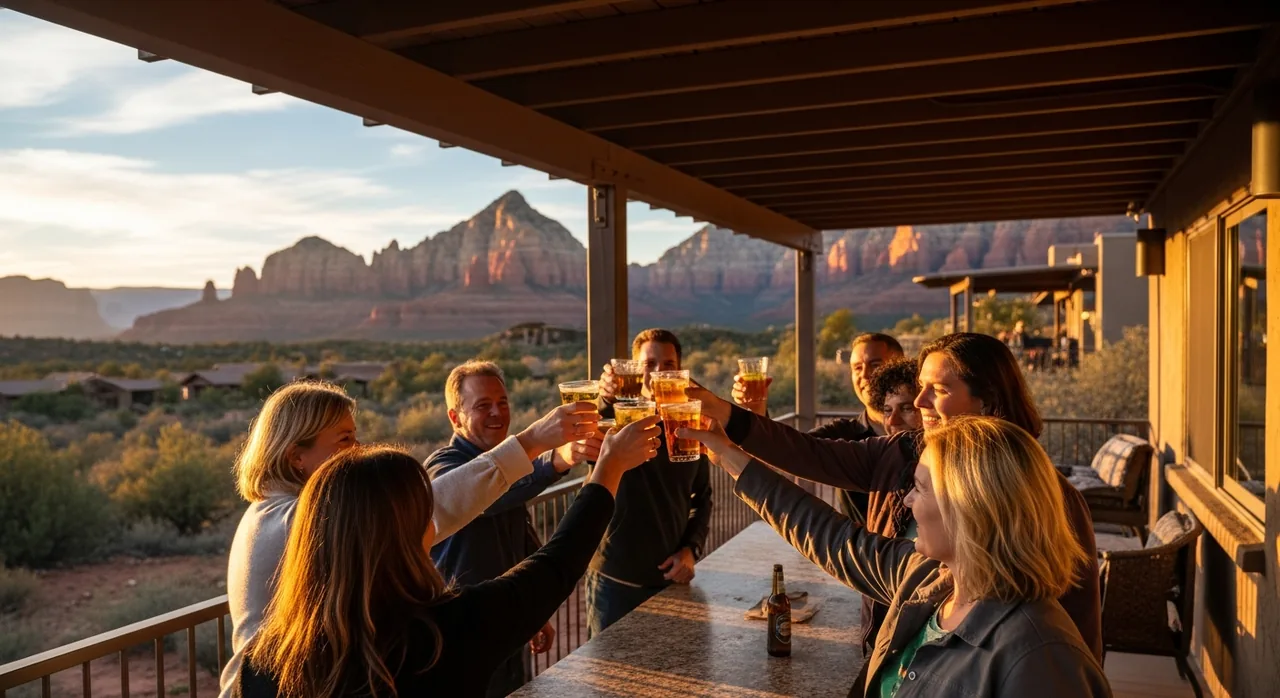A group toasting on a covered patio at sunset