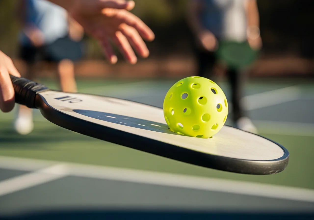 Close-up of a paddle hitting a pickleball at the moment of impact