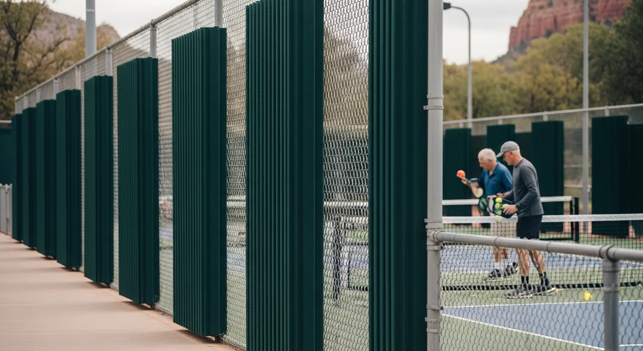 Tall acoustic sound-dampening panels installed along the fence of an outdoor pickleball court