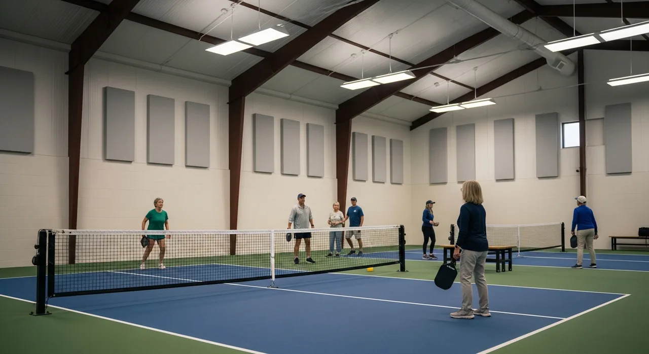 The insulated interior of a modern indoor pickleball court