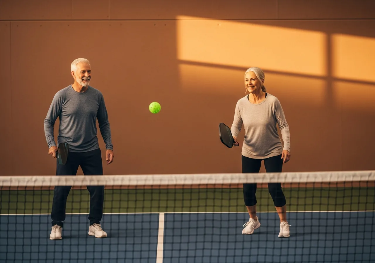 A couple playing indoors late in the evening on a lit court