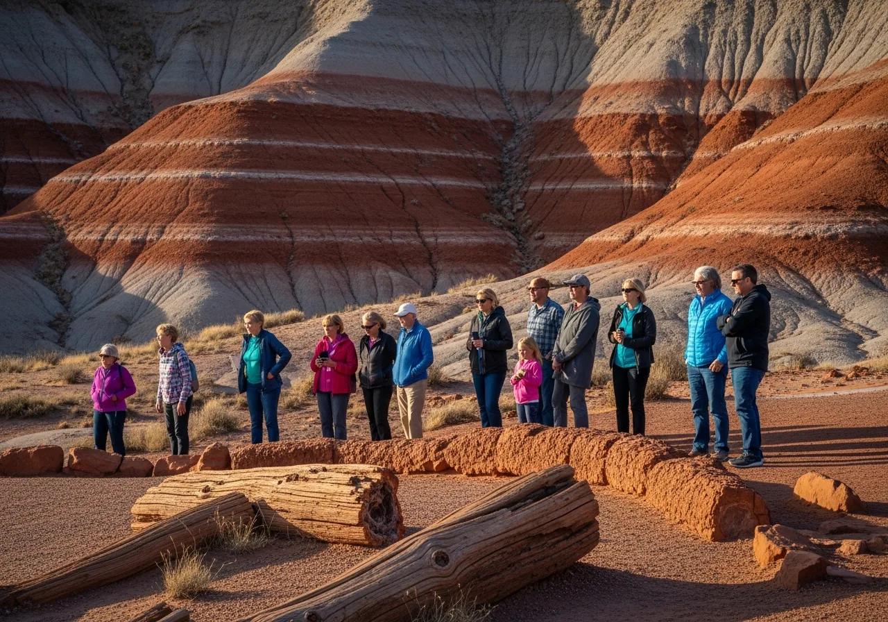 Travelers at a Painted Desert overlook with banded badlands and petrified wood in the foreground