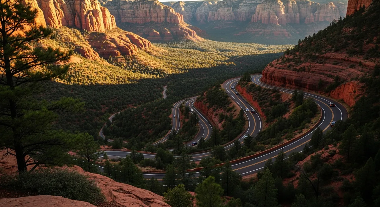 Switchback highway descending from a forested rim into a red rock canyon