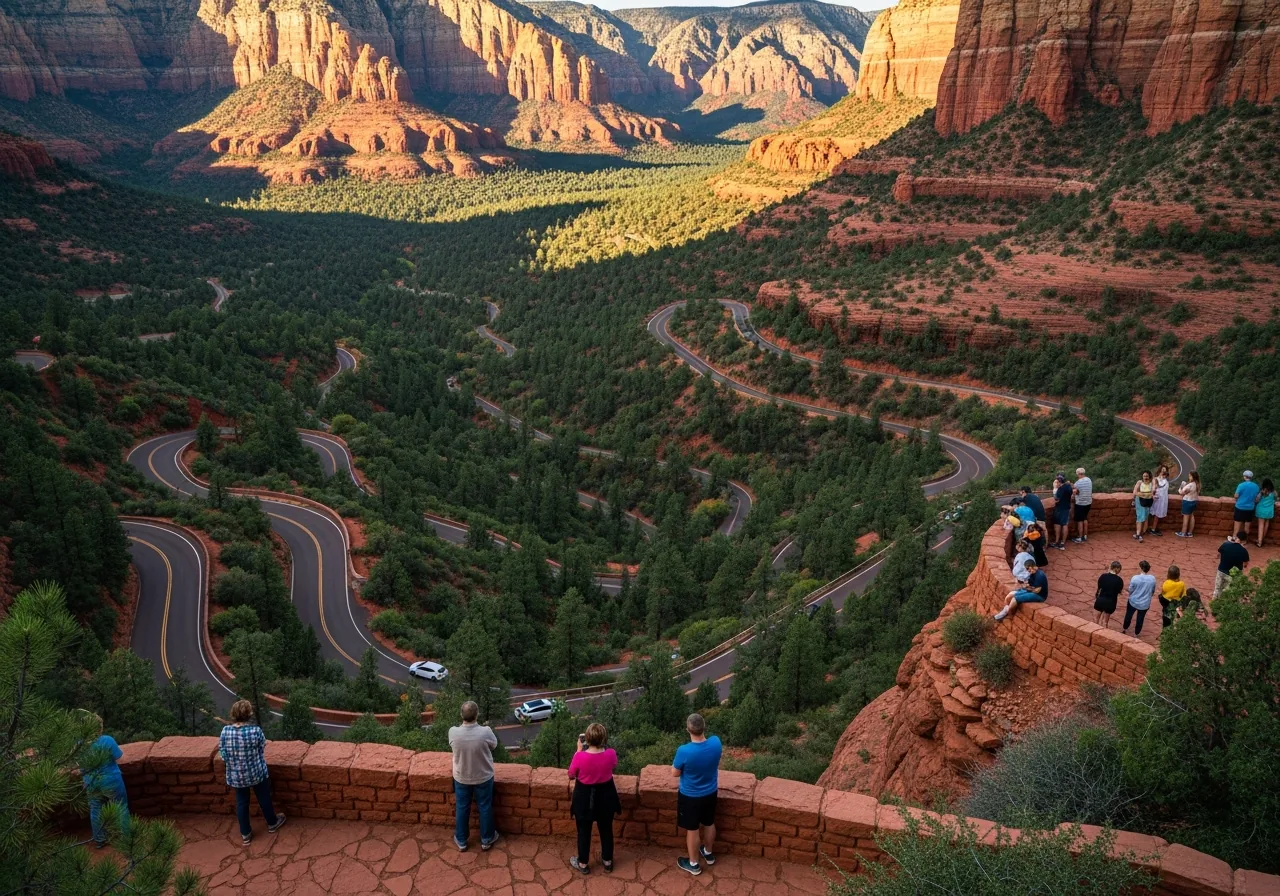 Switchback road descending through a pine-lined red rock canyon