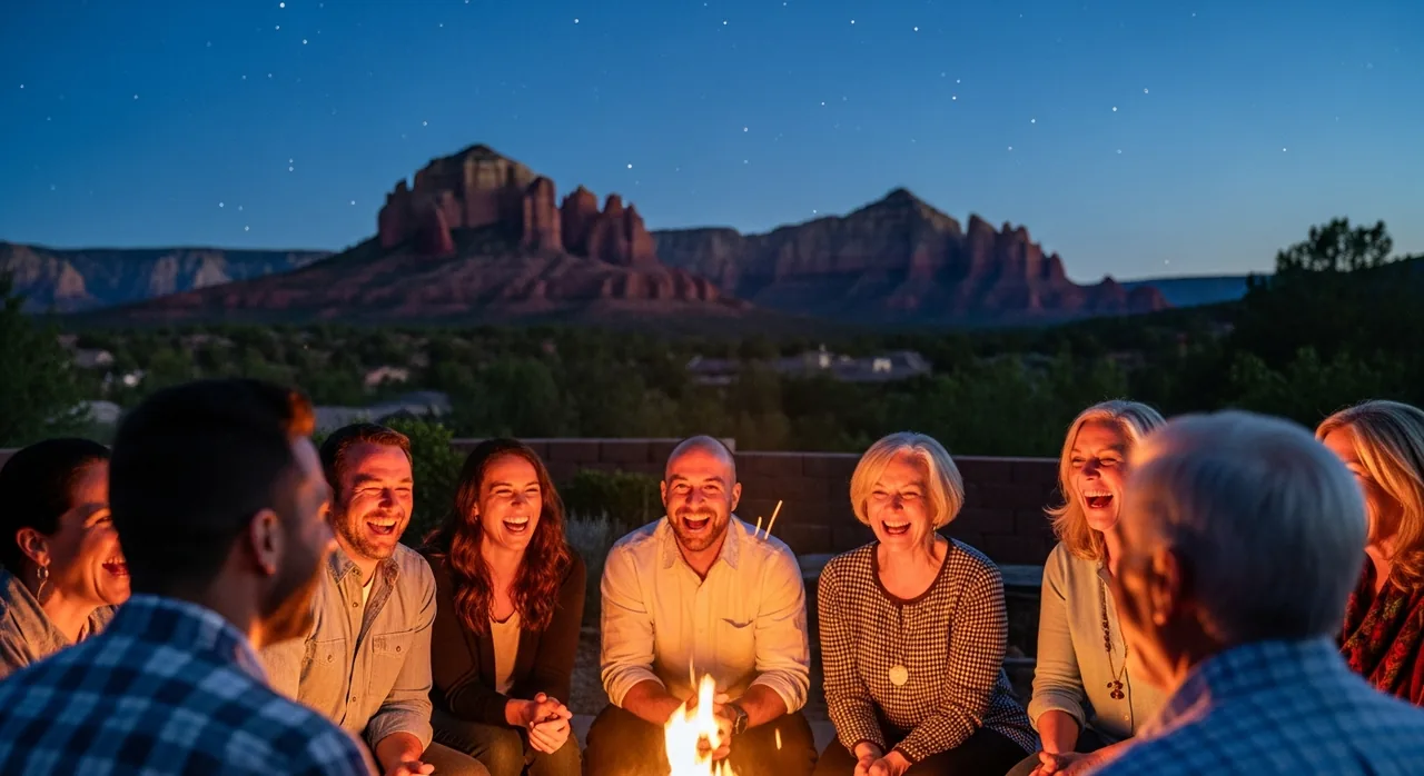 Group of friends around a firepit at dusk with stars appearing over red rock silhouettes
