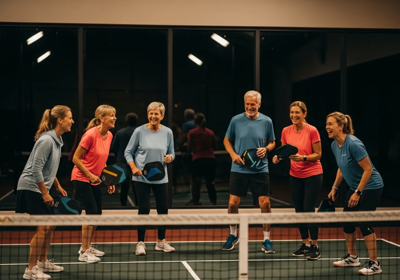 Group of adults playing pickleball on an indoor court at night