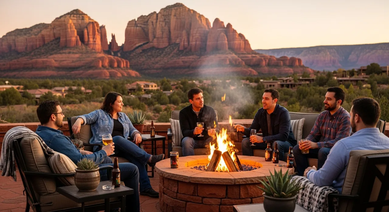 Friends around a firepit at dusk with Sedona red rocks in the background