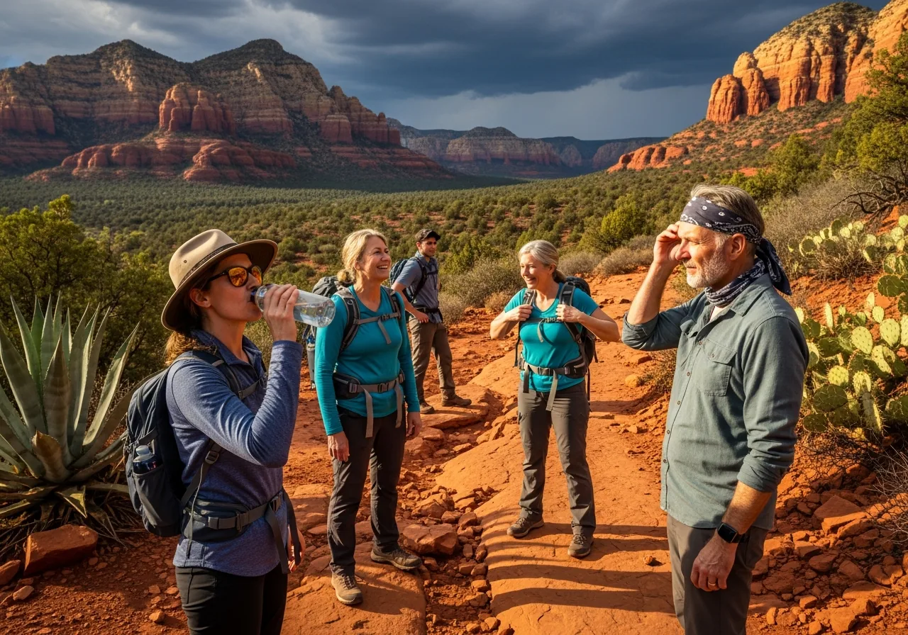 Hikers of varied ages resting on a red rock trail near Sedona in morning light