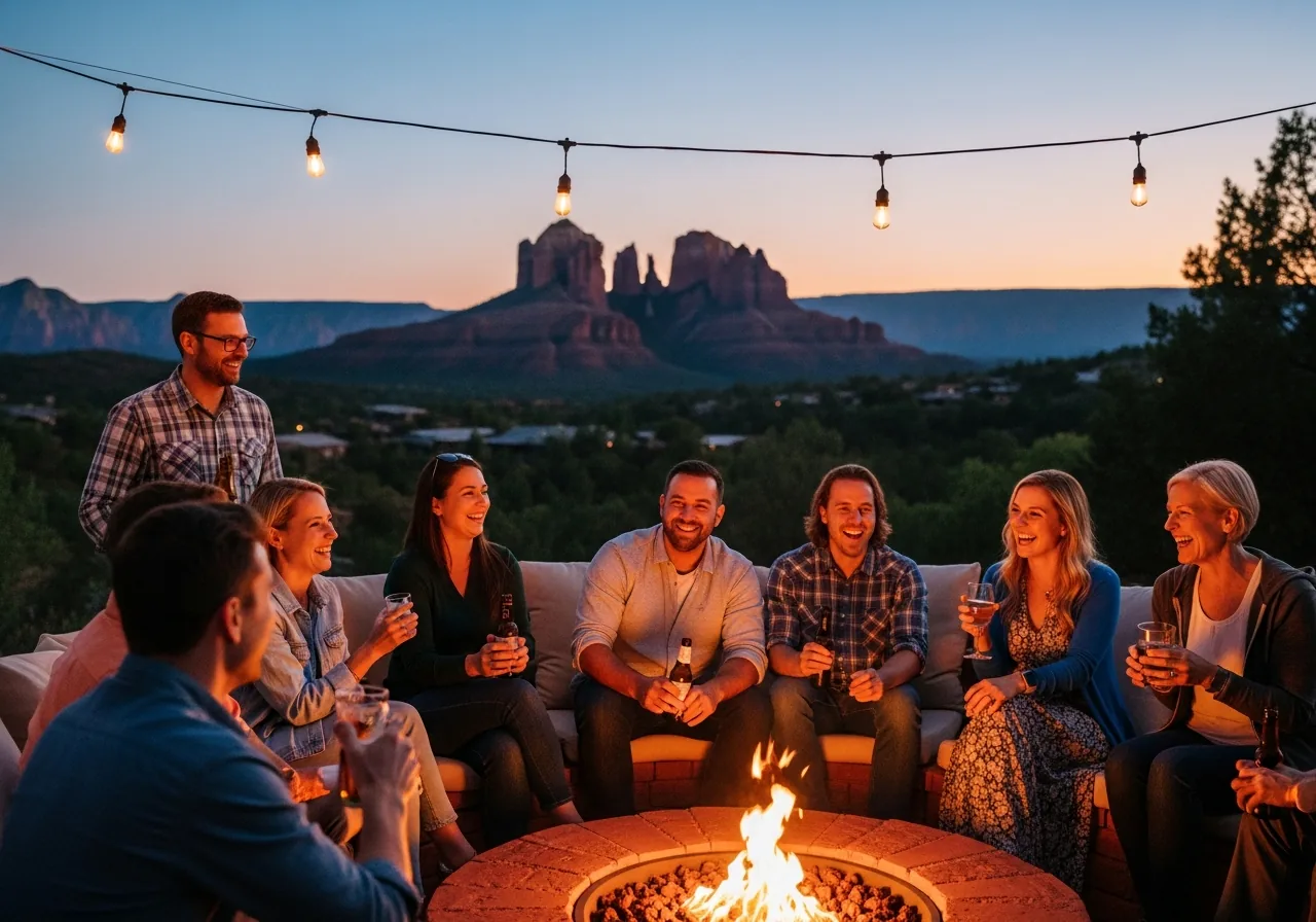 A group of friends gathered around a firepit at dusk with red rock silhouettes behind them
