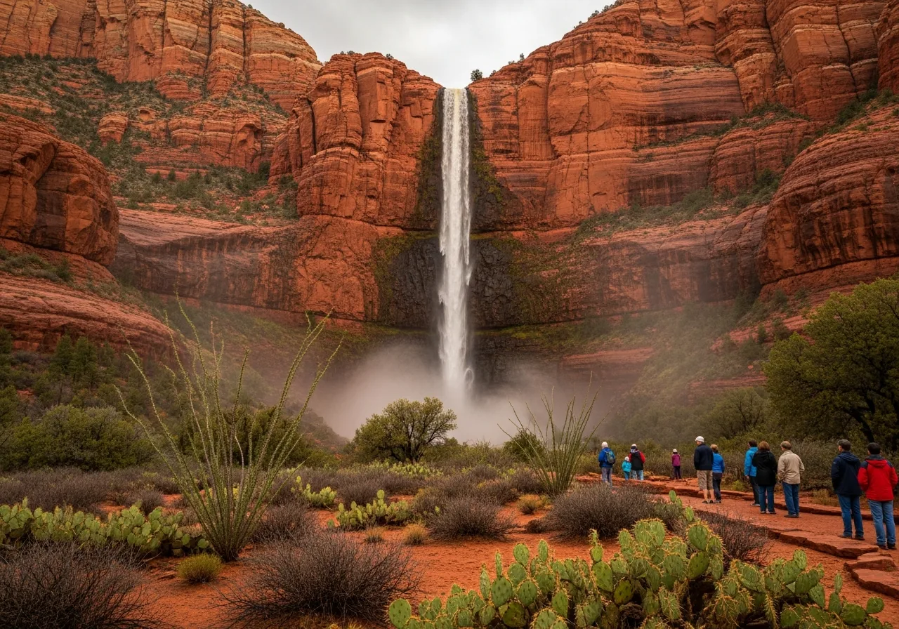 A temporary waterfall streaming down a red sandstone cliff after rain