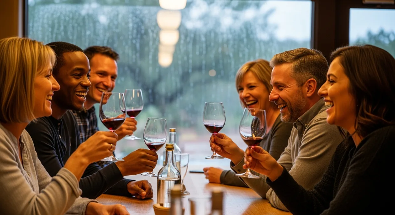 Friends tasting wine indoors on a rainy afternoon