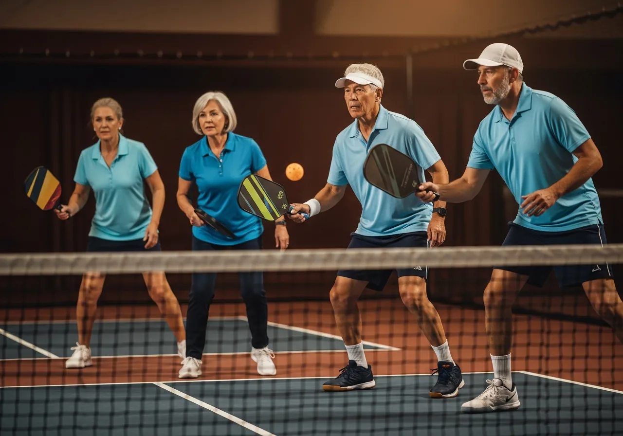 Four adults playing doubles pickleball on an indoor court