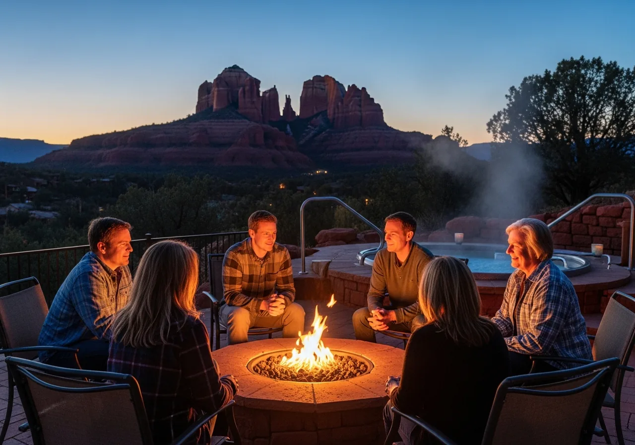 Friends around a firepit at dusk with Sedona red rocks in the background and a hot tub nearby
