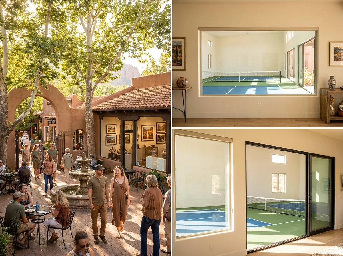 A shaded arts-and-shopping village courtyard