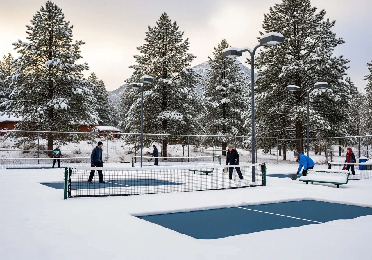 Outdoor pickleball courts buried under fresh snow with pine trees behind