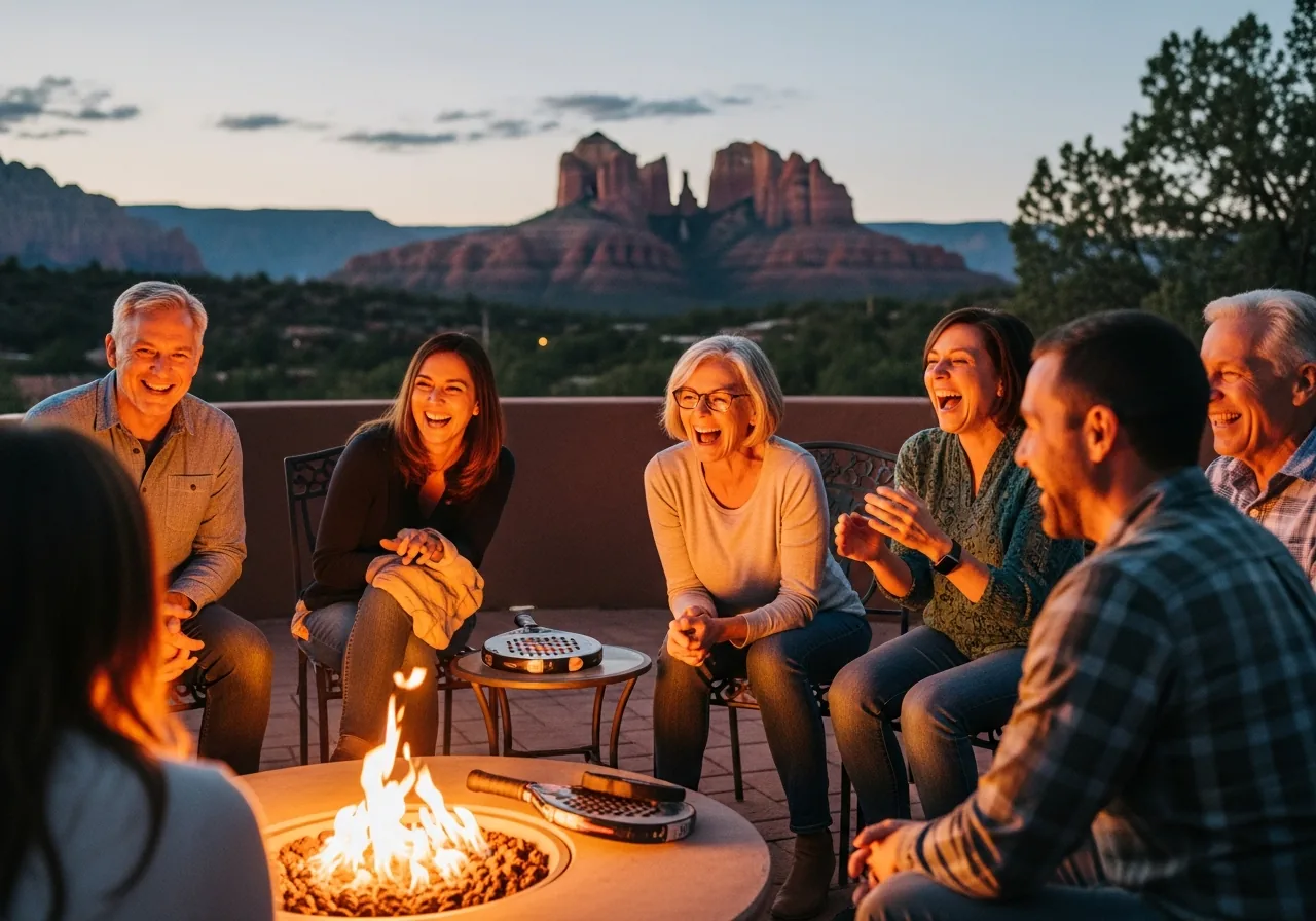 Group of friends of mixed ages gathered around a firepit at dusk with pickleball paddles nearby