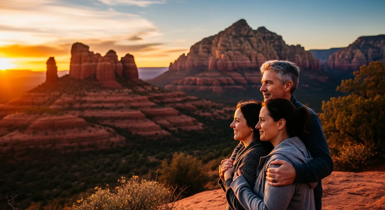 A couple at a Sedona overlook at sunset
