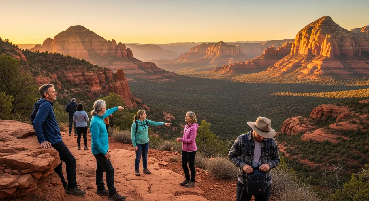 A panoramic red-rock vista from a Sedona trail at golden hour